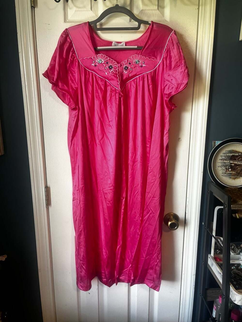 Vintage Vanity Fair Pink Satin Embroidered Nightgown XL Made in USA